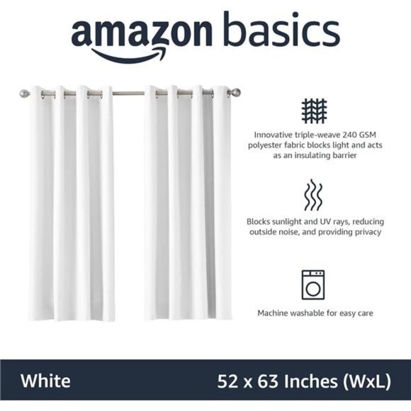 Room Darkening Blackout Window Curtain with Grommets, 52 x 63 Inches, White - Picture 2 of 8